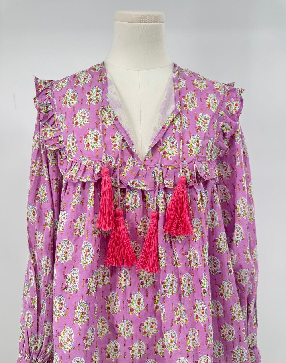 SZ Block Prints Lavender Boho Peasant Top Floral Popover Tassel Blouse Large L
